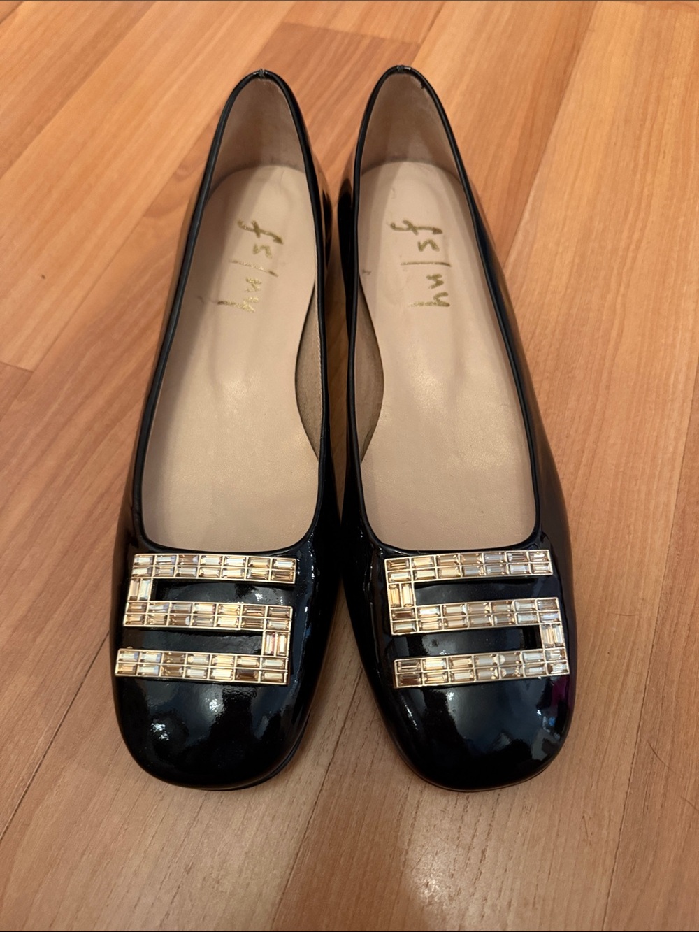 French Sole Black Patent Flats with Gold Plaque Embellishment